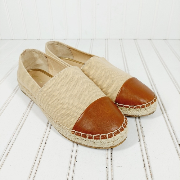 J. McLaughlin Cream Brown Canvas Leather Redding Cap Slip On Espadrille E385 - Picture 4 of 16